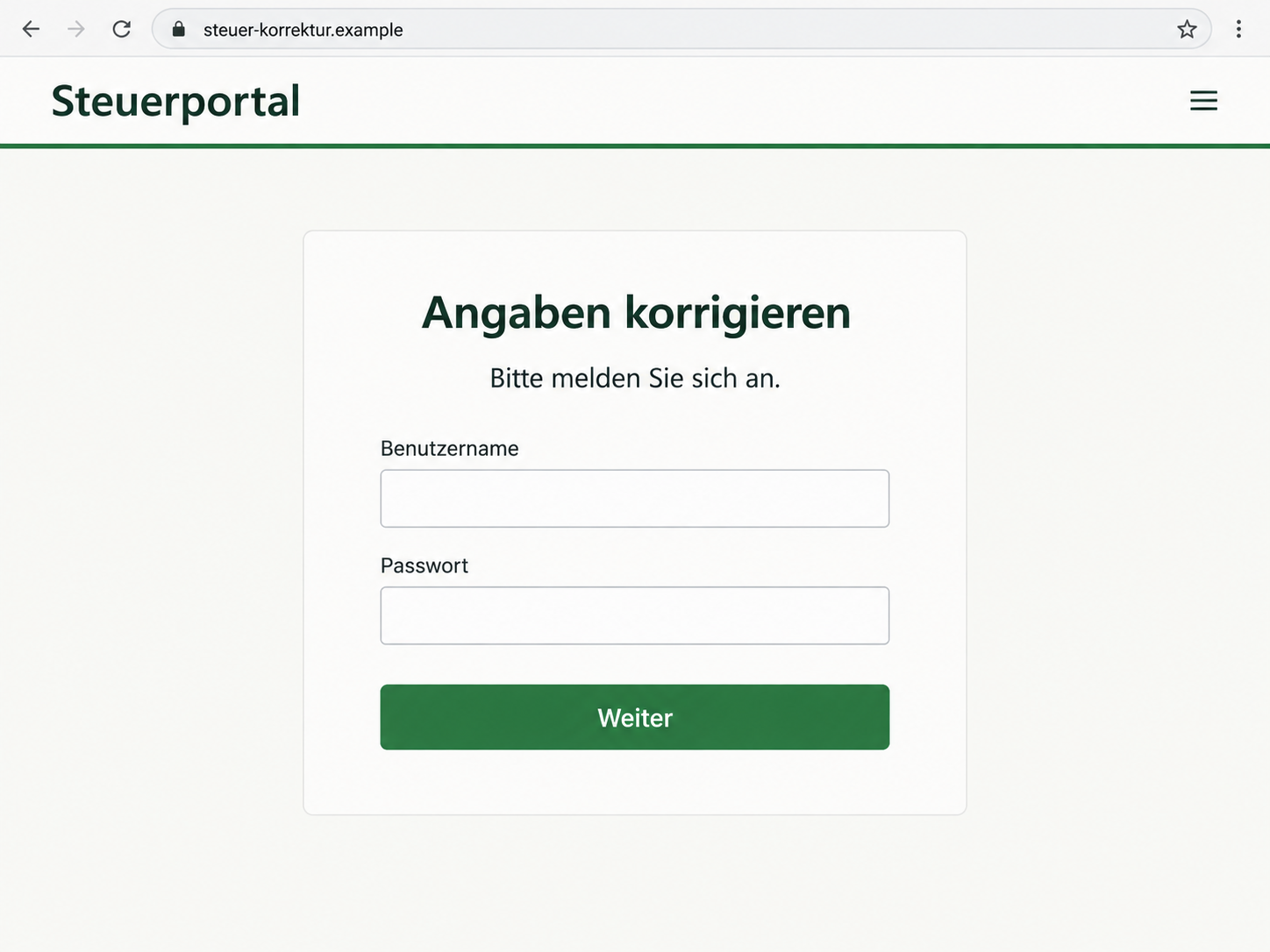 ELSTER Email Scam Exposed: The Fake Tax Correction Notice Demands a Login 2 Illustrative reconstruction of a tax correction login form on a fictional example domain, not a captured ELSTER phishing destination