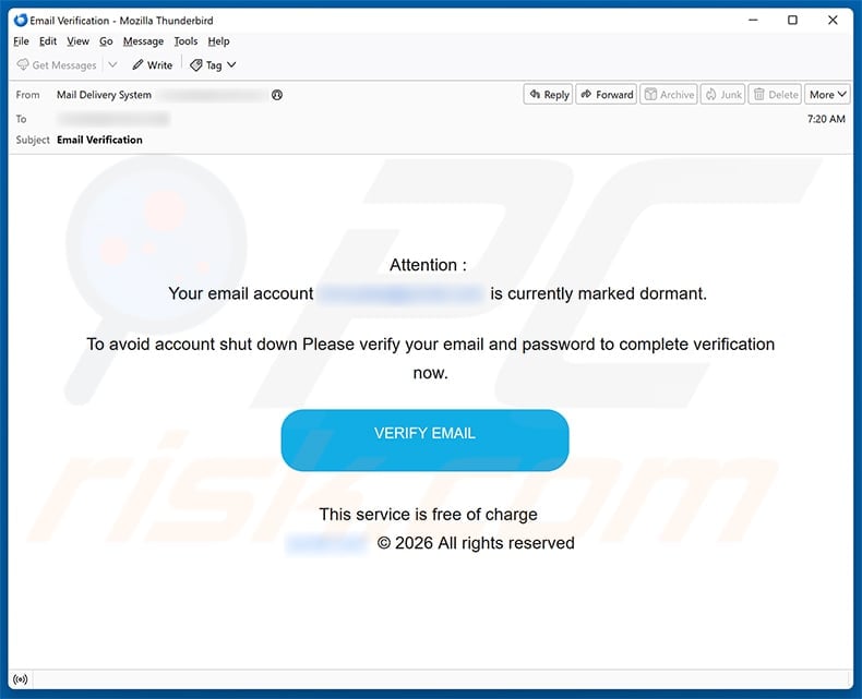 Email Verification message falsely claiming that the recipient mailbox is marked dormant