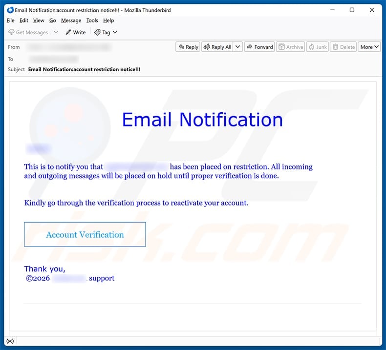 Email Account Restriction Scam: Fake Verification Login Page Fully Exposed 1 Fraudulent Email Notification claiming incoming and outgoing messages are restricted