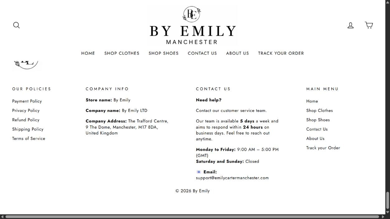 By Emily Manchester website footer showing company name, Trafford Centre address, email, and policy links