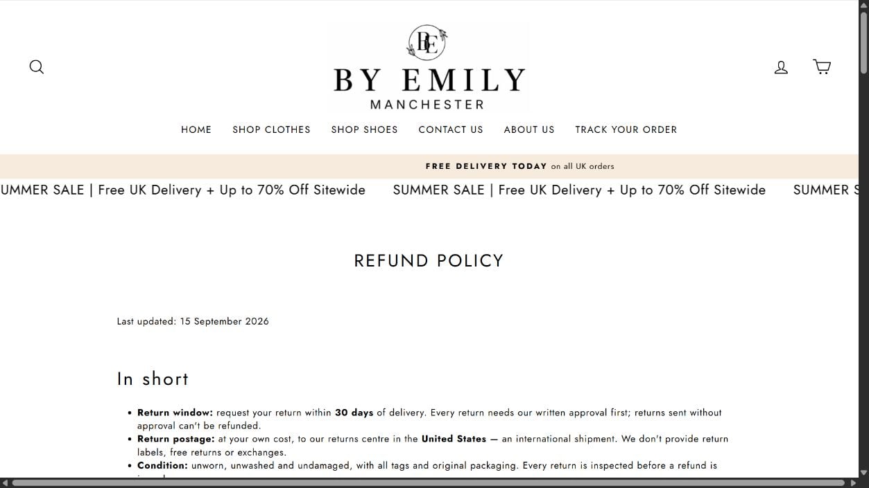 By Emily refund policy stating returns go to a United States center at the customer's cost