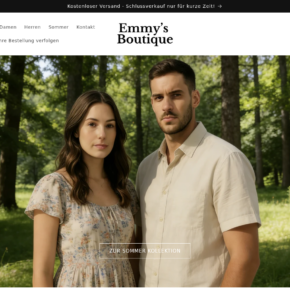 Emmys Boutique homepage showing a closing-sale banner and polished fashion lifestyle imagery