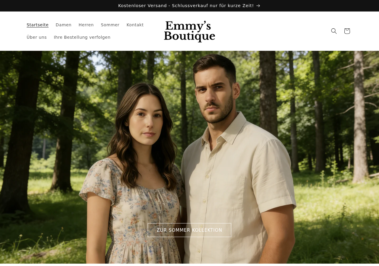 Emmys Boutique homepage showing a closing-sale banner and polished fashion lifestyle imagery