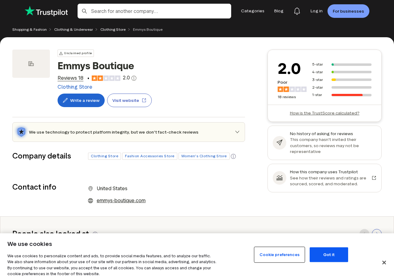 Independent Emmys Boutique review profile showing a low score and customer complaint pattern