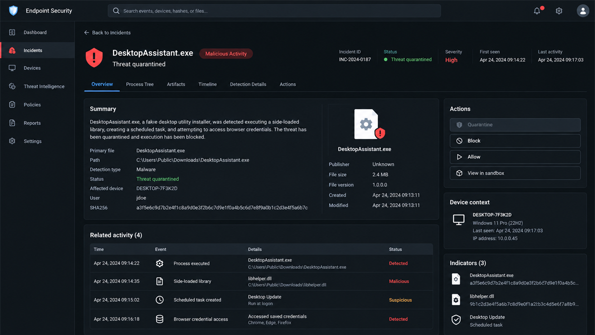 Fake Claude Desktop Ads Install Password-Stealing Malware 3 Windows security view showing a fake Claude Desktop installer creating persistence and browser data access