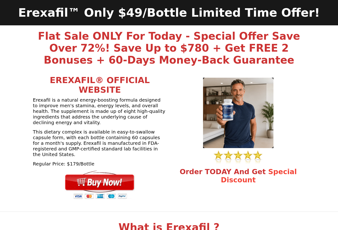 Erexafil Reviews Exposed: Fake Official Page Redirects to Another Product 1 Screenshot of an Erexafil affiliate page claiming an official limited-time supplement offer