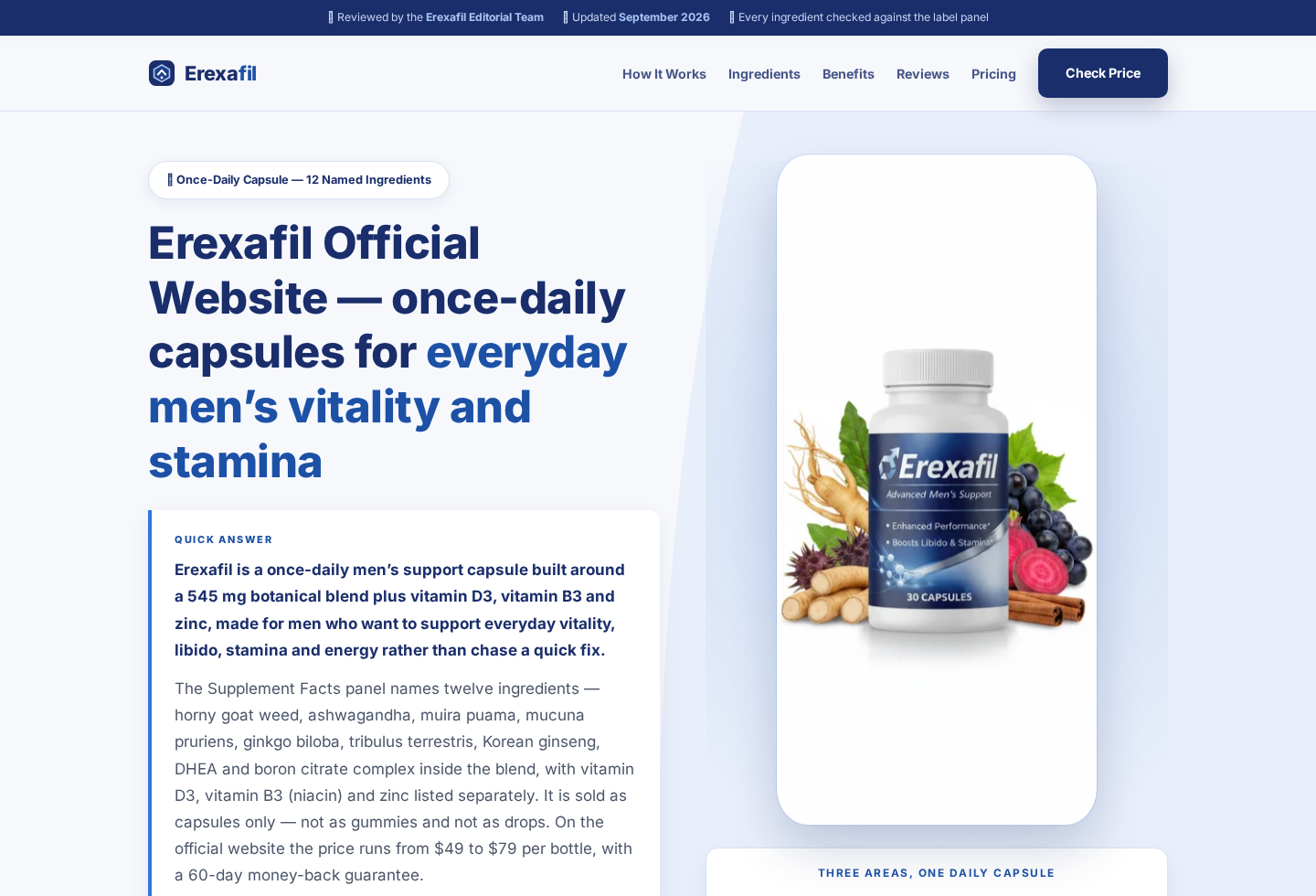 Erexafil Reviews Exposed: Fake Official Page Redirects to Another Product 3 Screenshot of another Erexafil official-style website displaying a different product presentation