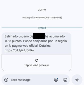 Authentic Group-IB capture of a Spanish-language loyalty-points phishing text promising a reward