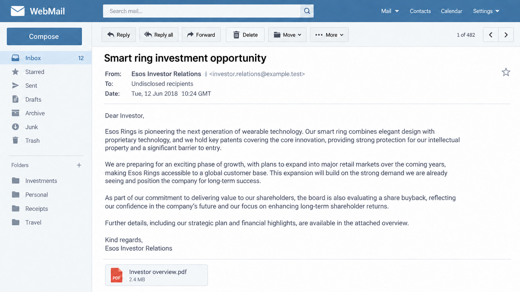 Esos Rings Investor Scam Exposed: Fake Patents and Retail Deals Revealed 1 Illustrative reconstruction of an Esos Rings investor email, not an actual recovered message