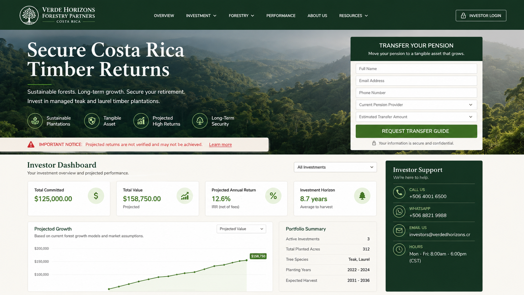 Illustrative forestry pension investment website promising unverified returns
