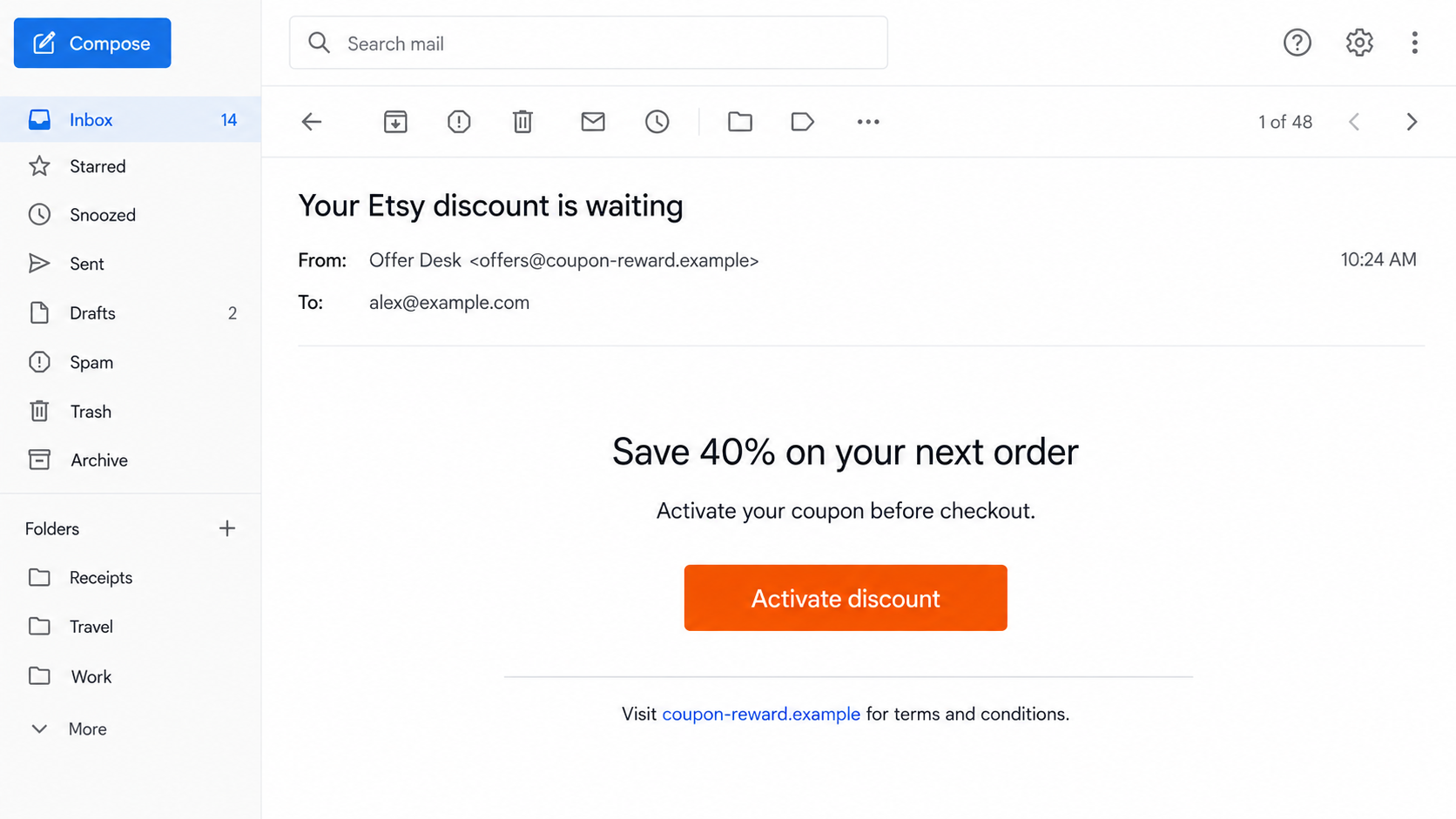 Etsy Promo Code Scam: How Fake Discounts Steal Your Card and Login Details 1 Fake Etsy promo code email promising 40% off and asking the recipient to activate a discount