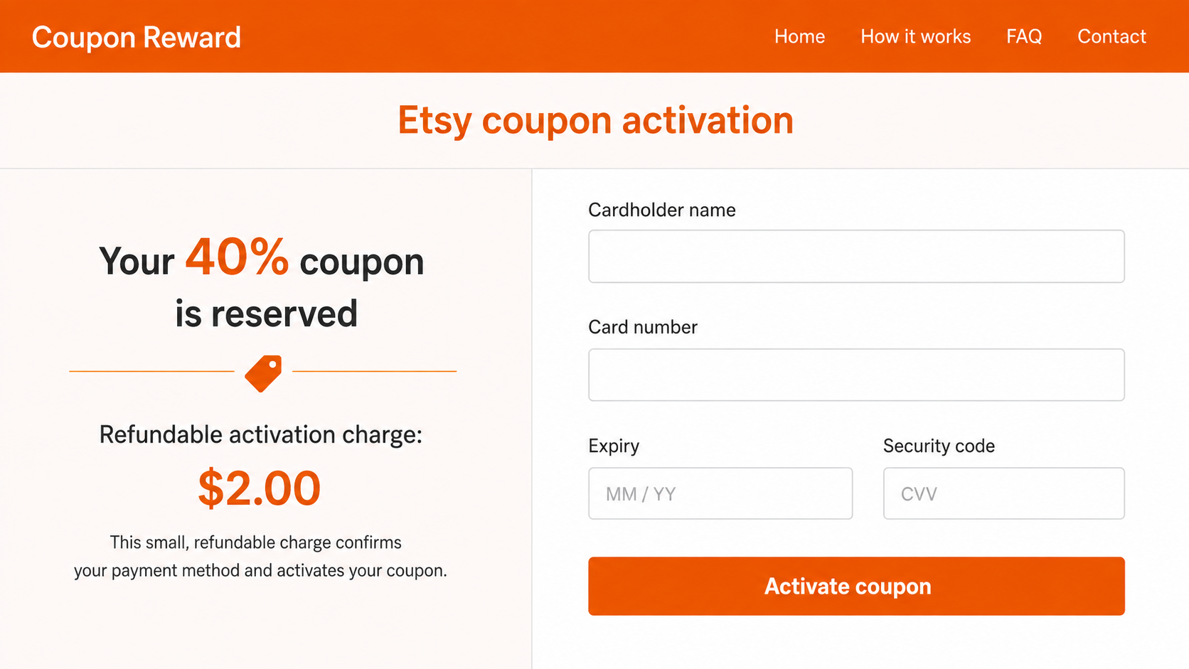 Etsy Promo Code Scam: How Fake Discounts Steal Your Card and Login Details 2 Fraudulent Etsy coupon activation page requesting card details and a $2 verification charge