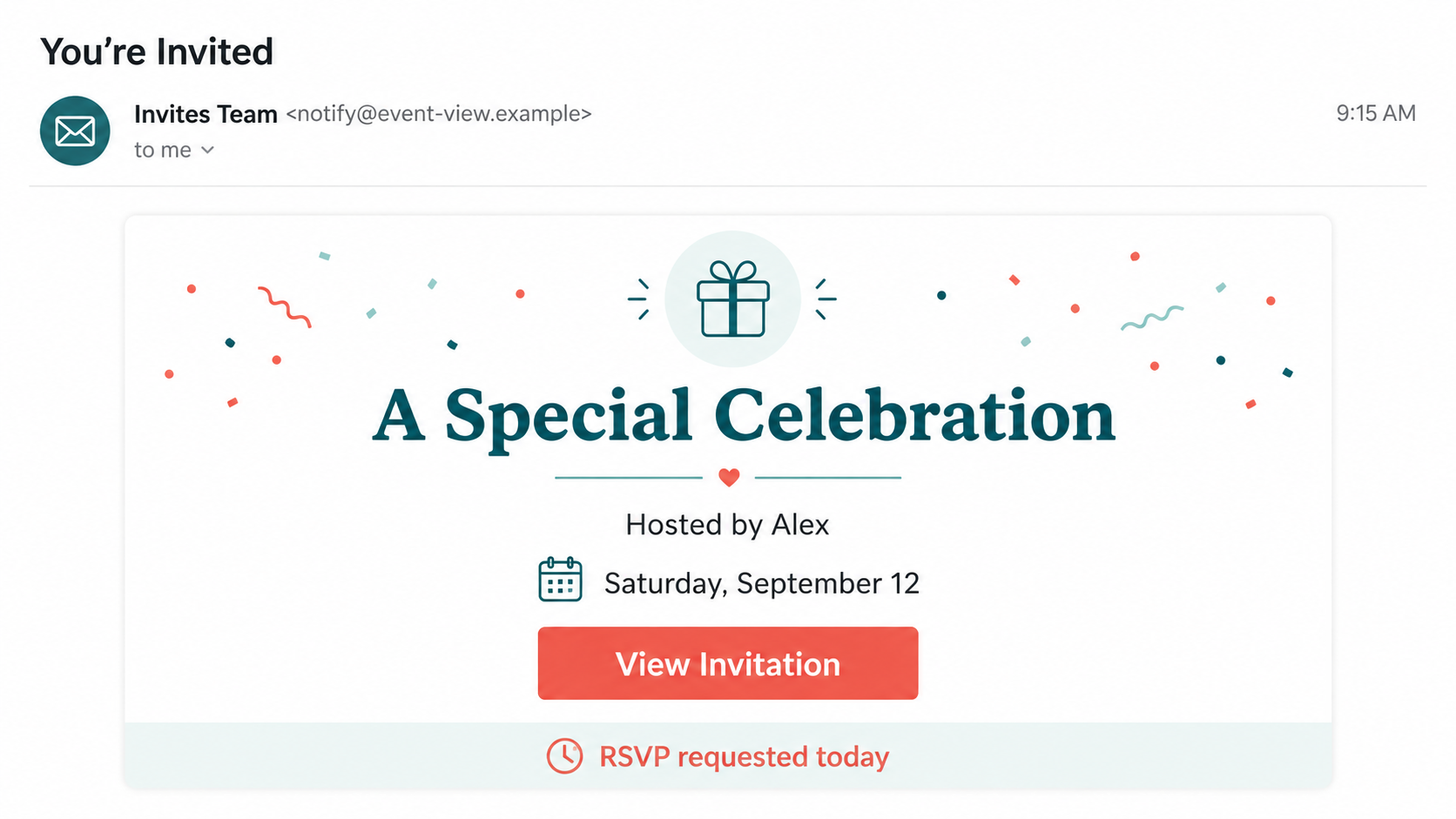 Evite Invitation Scam: How Fake RSVP Links Steal Your Email Login and Codes 1 Fake digital invitation email with an urgent button to view a special celebration