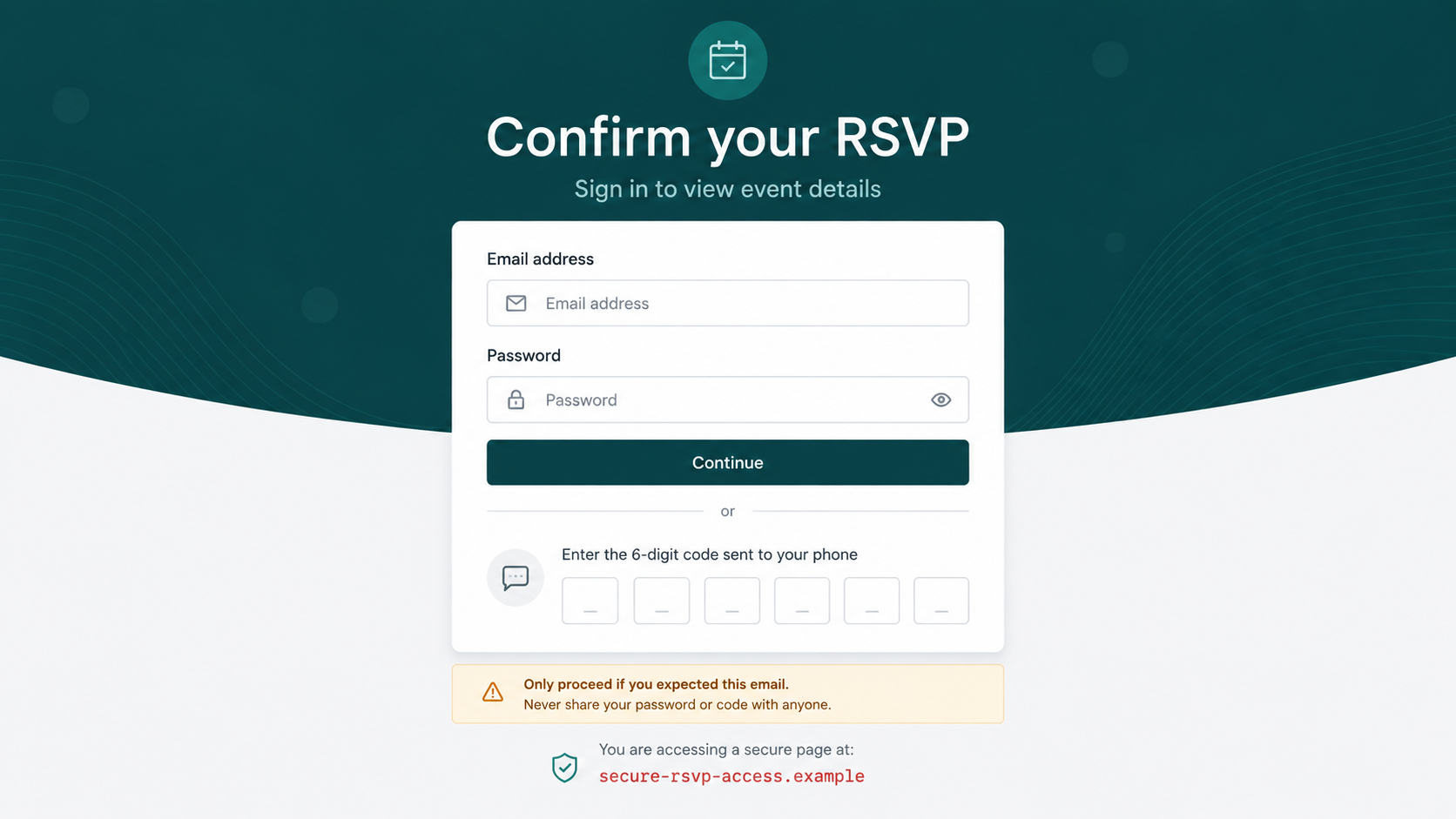 Evite Invitation Scam: How Fake RSVP Links Steal Your Email Login and Codes 2 Fraudulent RSVP page asking for an email password and six-digit security code