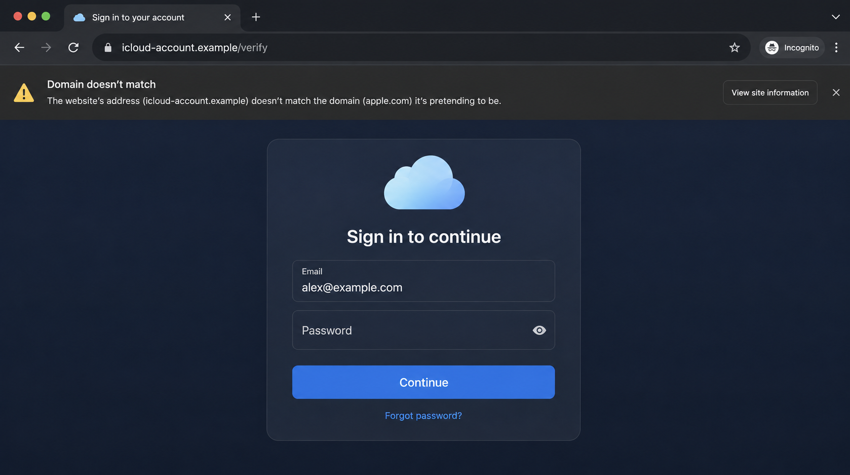 Fake cloud account login page reached from the wallet card message