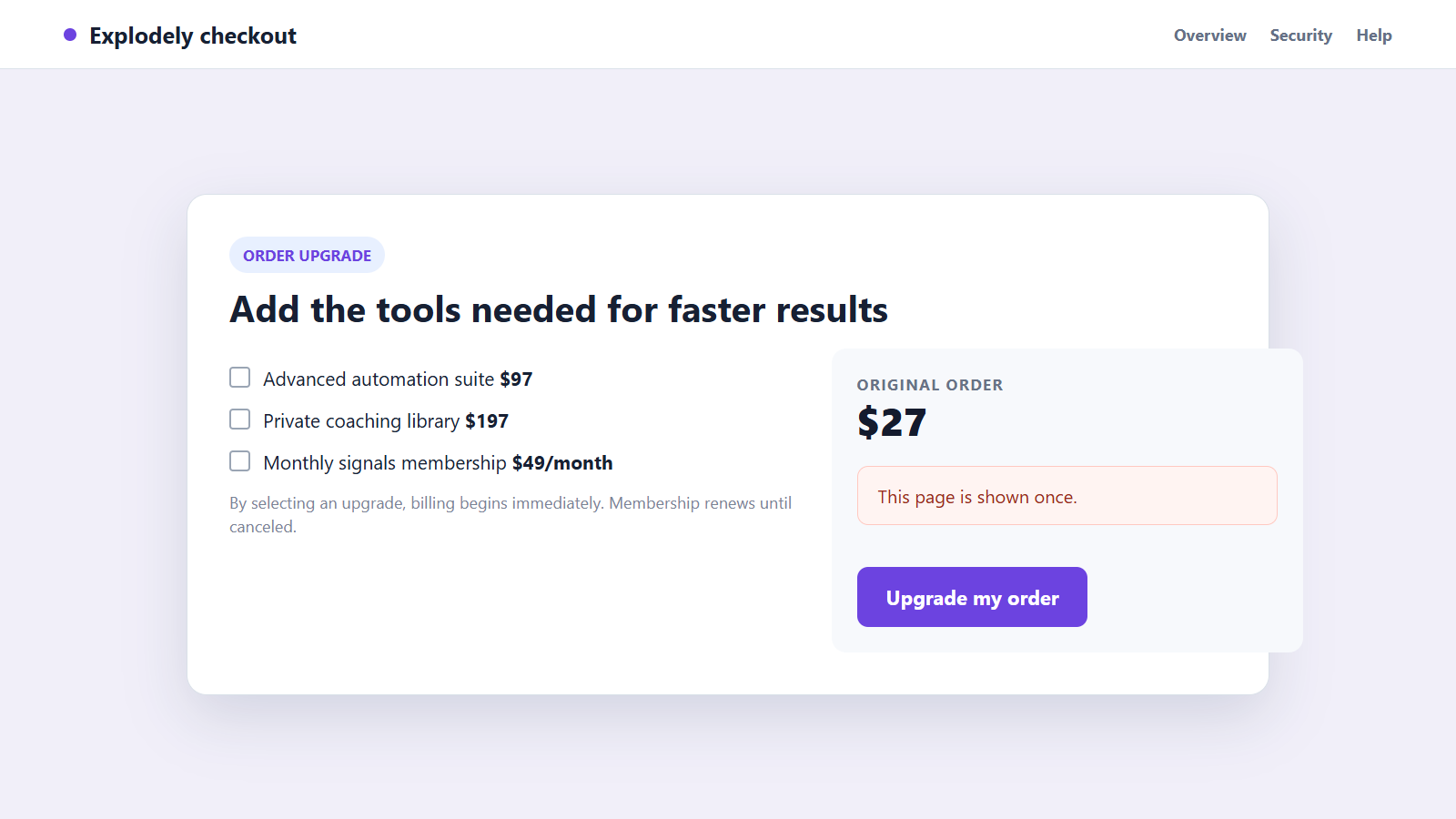 Explodely Charge Warning: How Deceptive Sales Funnels Trap Online Buyers 2 Reconstructed Explodely checkout funnel showing multiple upgrades and recurring billing terms