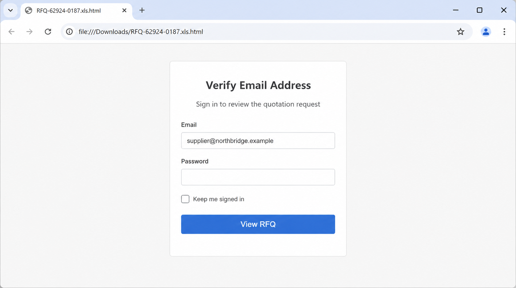 ExxonMobil RFQ Email Scam Exposed: Fake Quotation Attachment Investigated 2 Local HTML request for quotation attachment displaying a fake email login