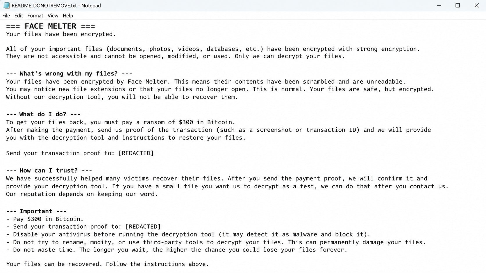 Face Melter ransom note demanding a $300 Bitcoin payment
