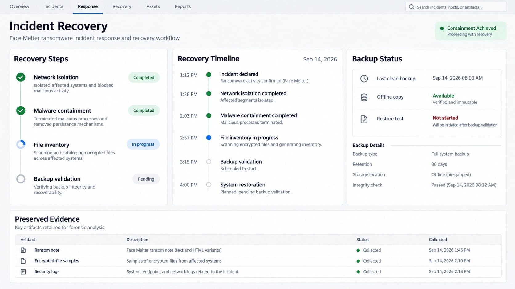 Incident recovery dashboard for a Face Melter ransomware infection
