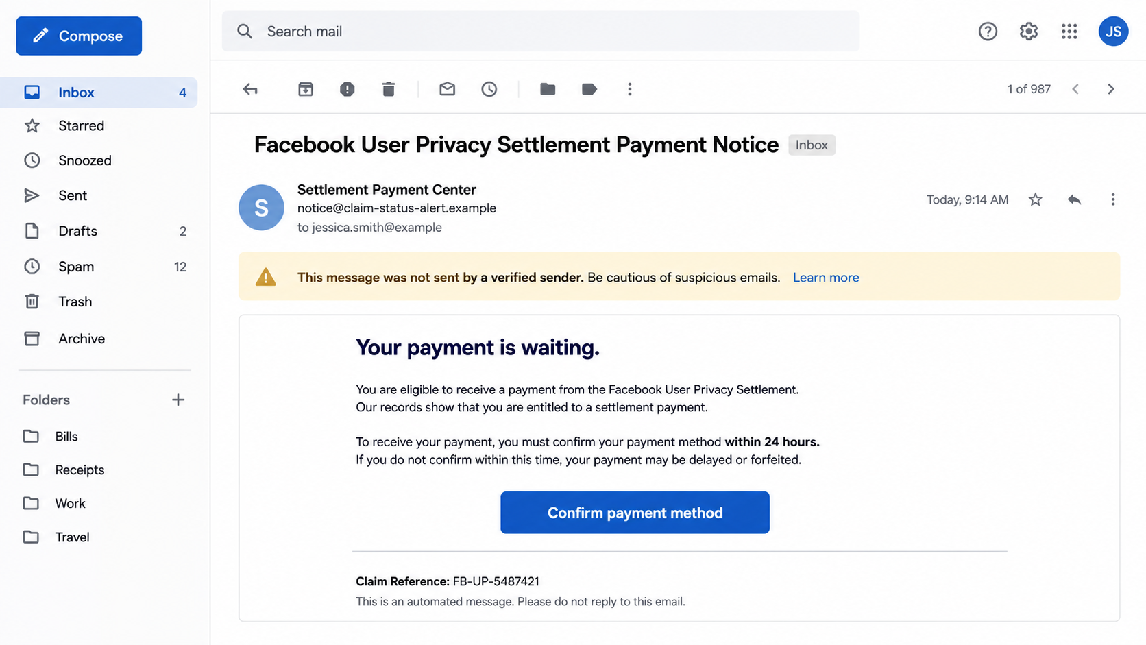 Example copycat Facebook settlement email using urgency and an unverified sender