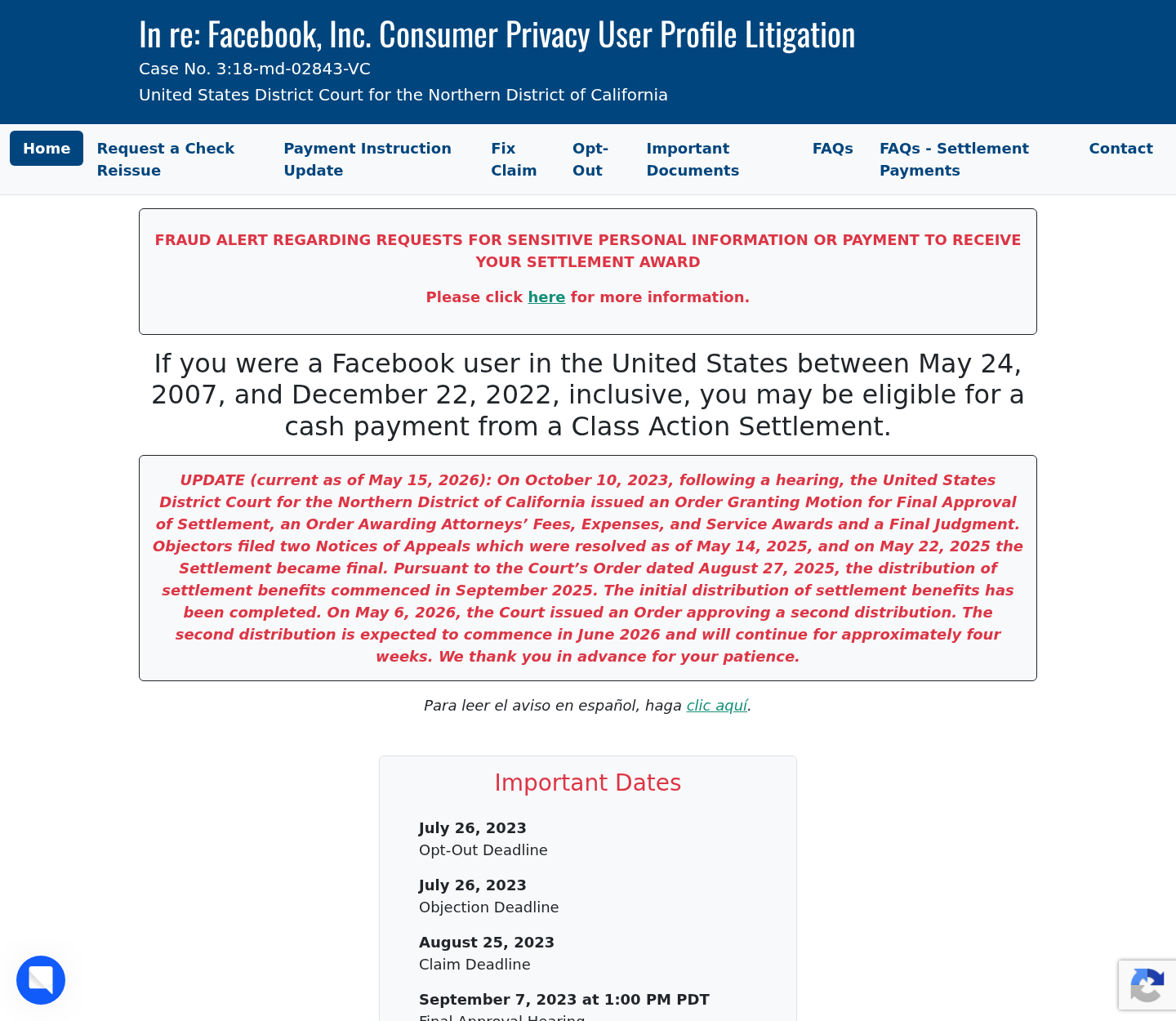Official Facebook User Privacy Settlement page displaying its fraud alert and 2026 distribution update