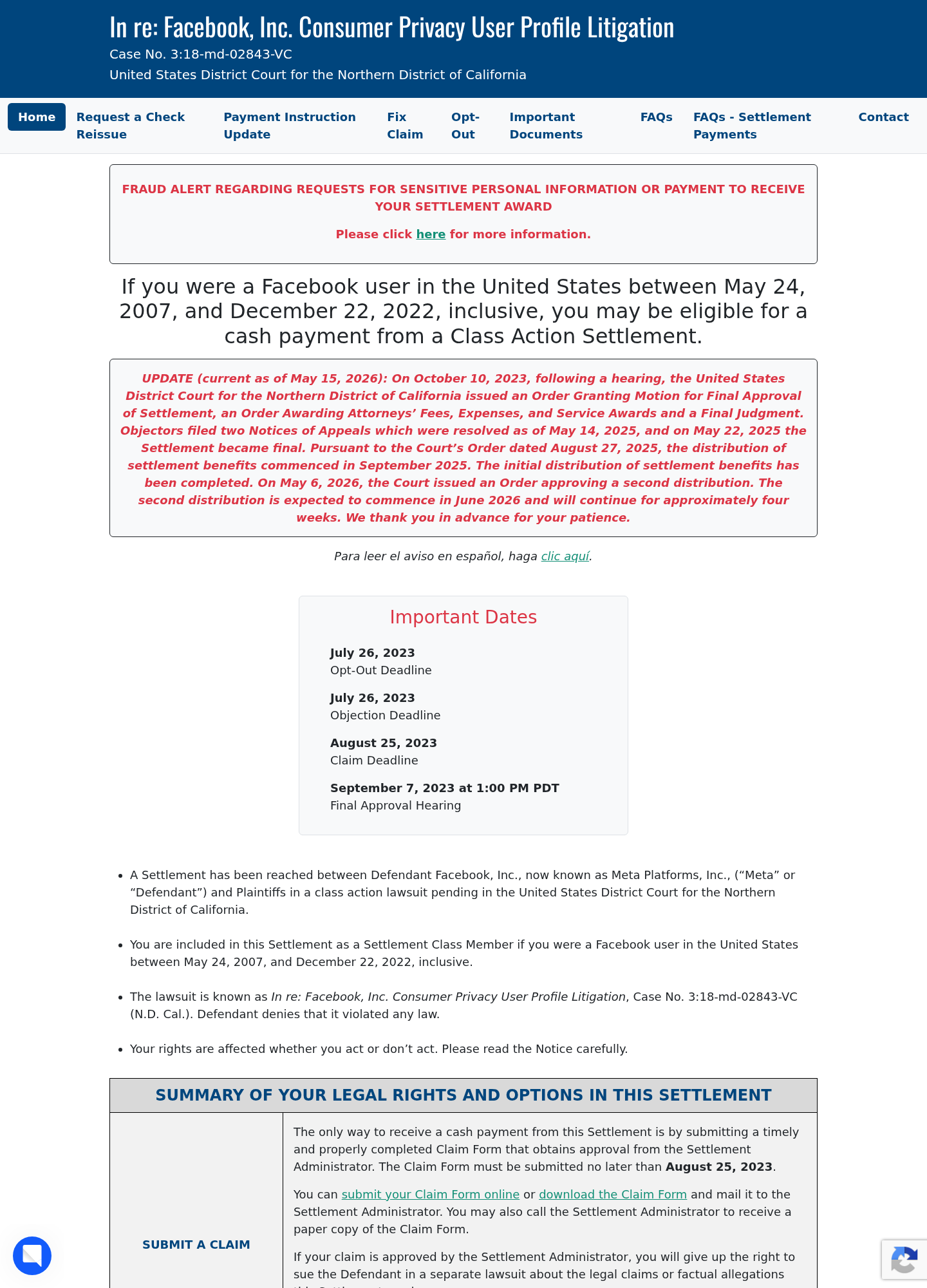 Long view of the official Facebook settlement page showing dates, eligibility information, and legal options