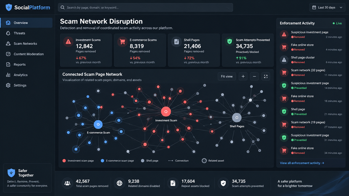 Reconstruction of a platform enforcement dashboard disrupting connected investment, e-commerce, and shell-page networks