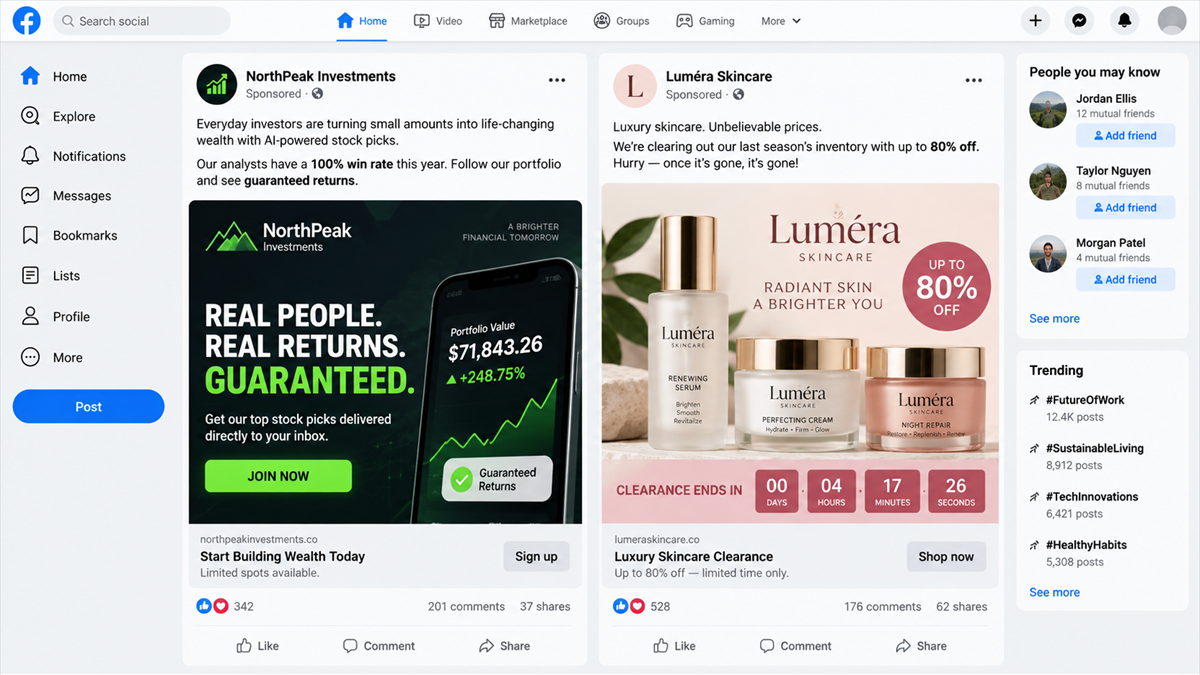 Reconstruction of social media scam ads promoting guaranteed investment returns and a fake luxury skincare clearance