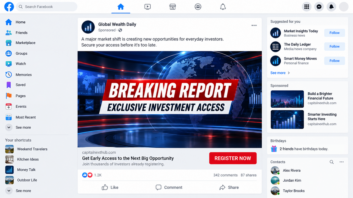 Facebook Scandal Ads Funnel Victims Into Fake Investments 1 Facebook sponsored scandal clip leading to a fake investment story