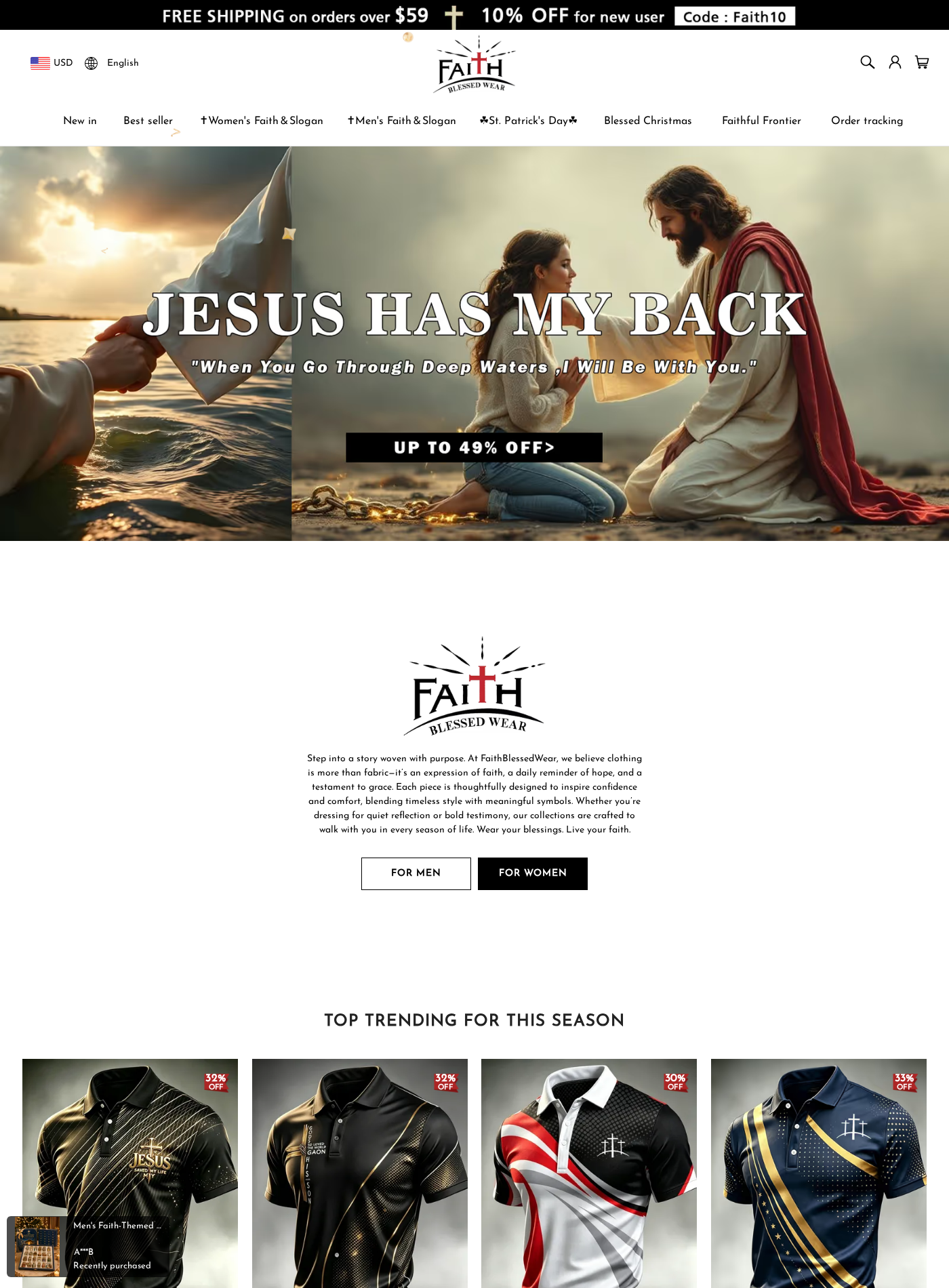 FaithBlessedWear Review: Overseas Shipping, Returns and Buyer Risks Checked 1 FaithBlessedWear homepage showing faith-themed clothing, promotional offers, and boutique branding