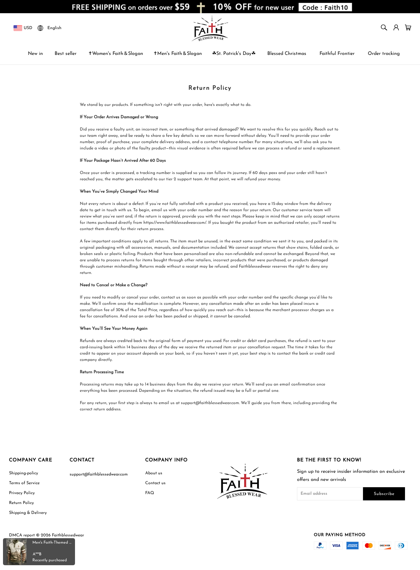 FaithBlessedWear Review: Overseas Shipping, Returns and Buyer Risks Checked 2 FaithBlessedWear return policy showing the 15-day window, 30% cancellation fee, and support email