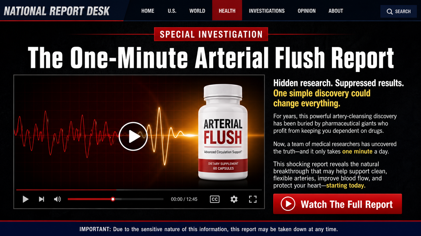 Fake television news advertorial promoting a one-minute arterial flush report