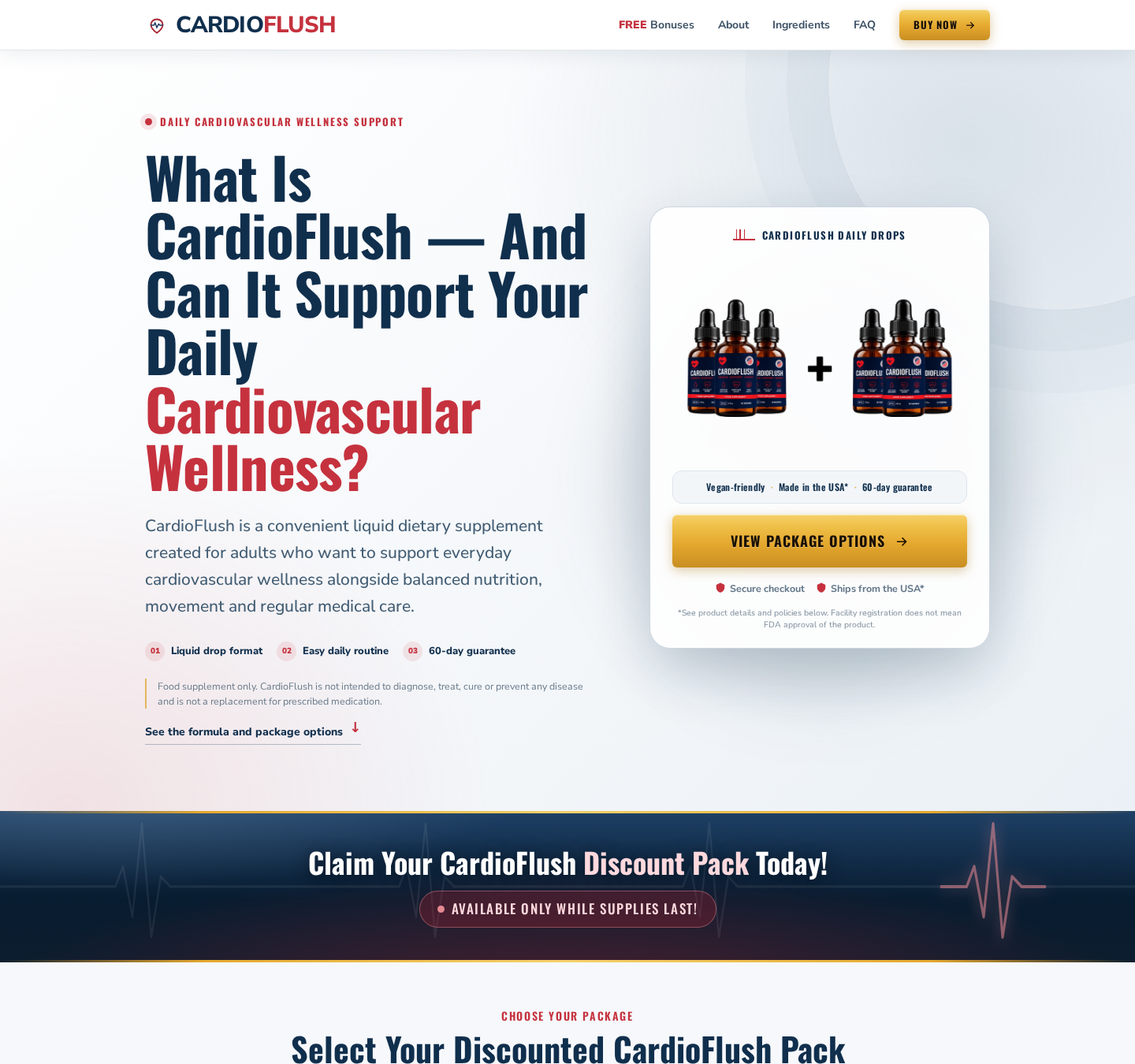 CardioFlush sales page displaying liquid cardiovascular wellness drops and package options