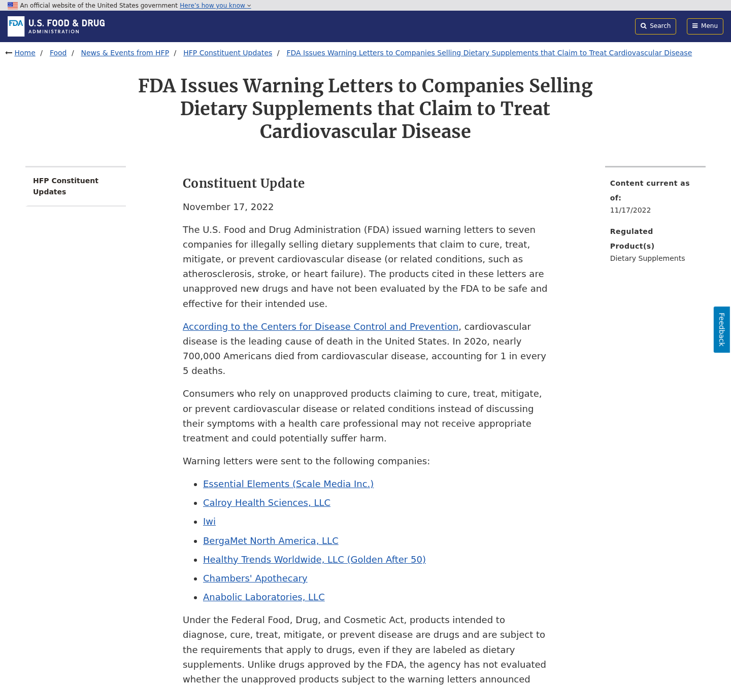 FDA warning about dietary supplements claiming to treat cardiovascular disease