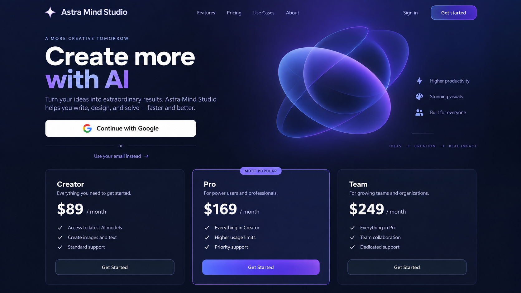 Illustrative reconstruction of a polished AI subscription website with Google sign-in and pricing cards