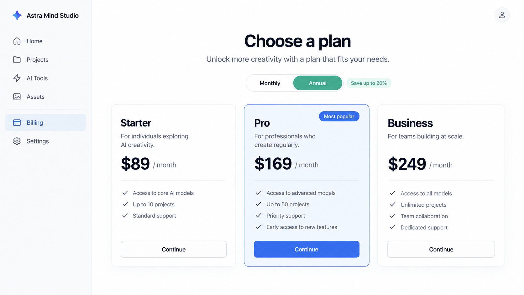 Illustrative AI service pricing page showing three monthly plans