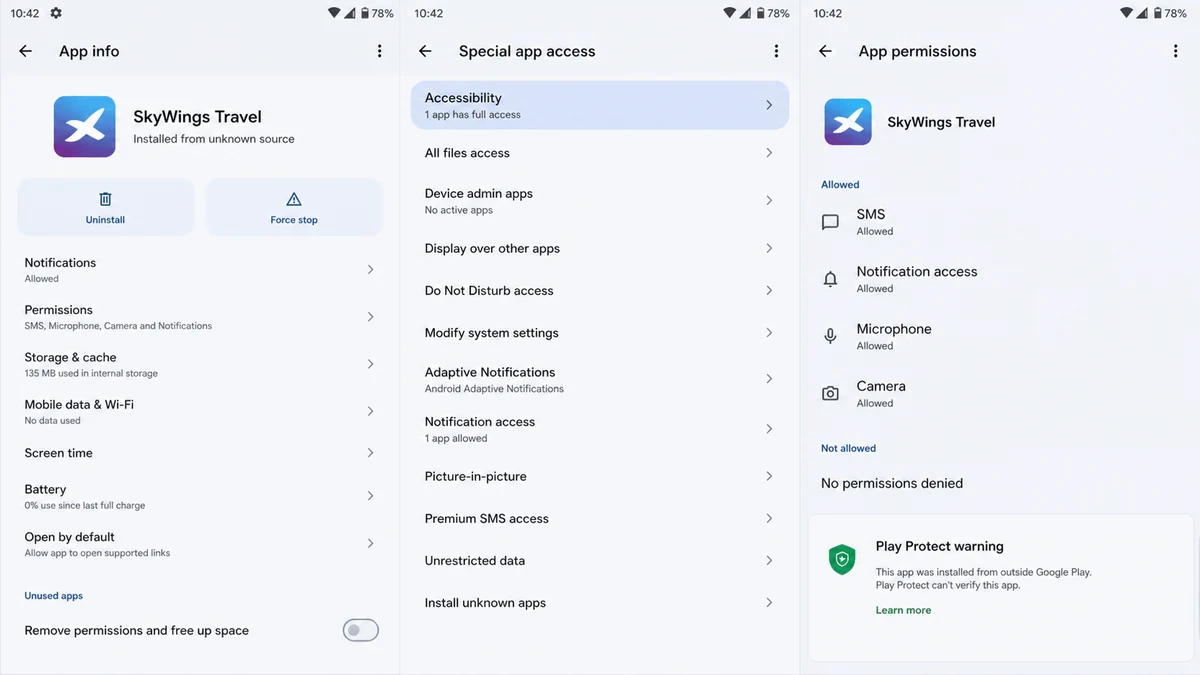 Fake airline Android app with accessibility and SMS permissions enabled