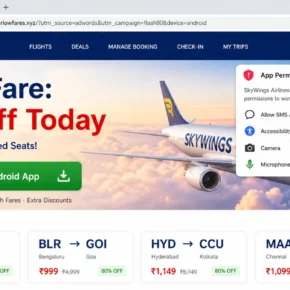 Fake airline app scam website requesting dangerous Android permissions