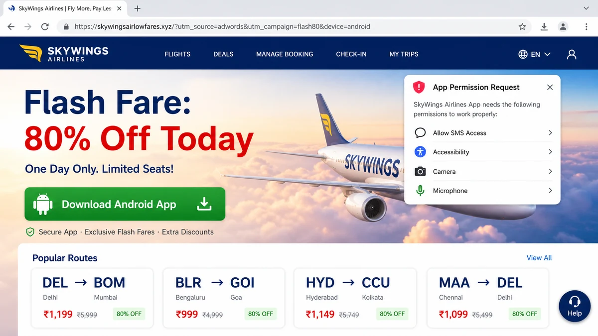 Fake airline app scam website requesting dangerous Android permissions