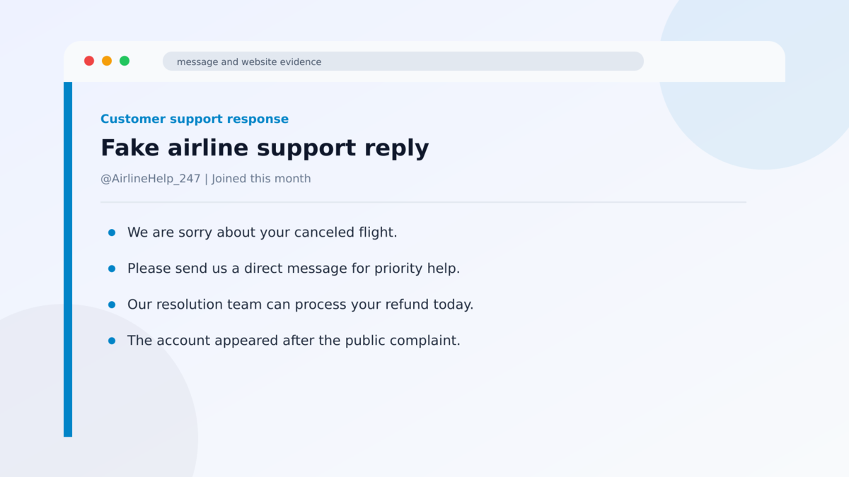 Fake Airline Support Accounts Target Stranded Travelers 1 Fake airline support reply used in the Fake Airline Support Accounts Target Stranded Travelers investigation