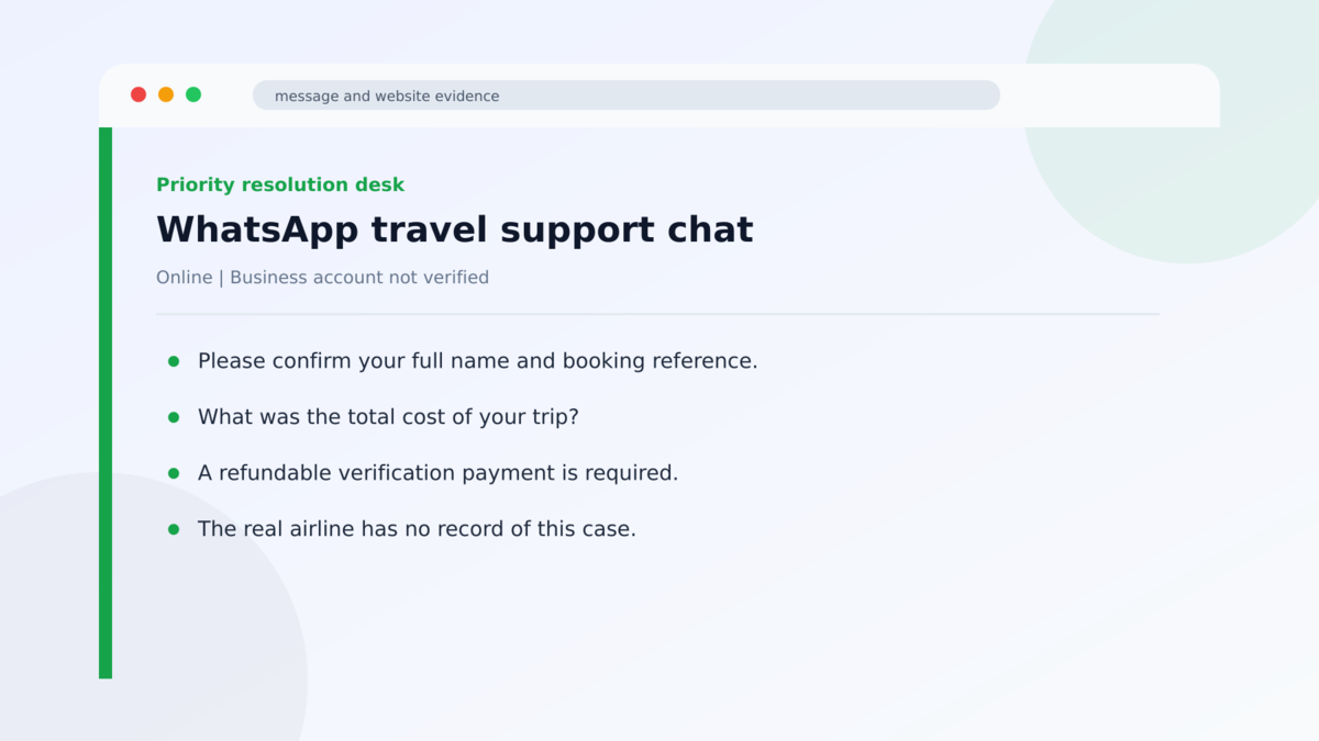 Fake Airline Support Accounts Target Stranded Travelers 2 WhatsApp travel support chat used in the Fake Airline Support Accounts Target Stranded Travelers investigation