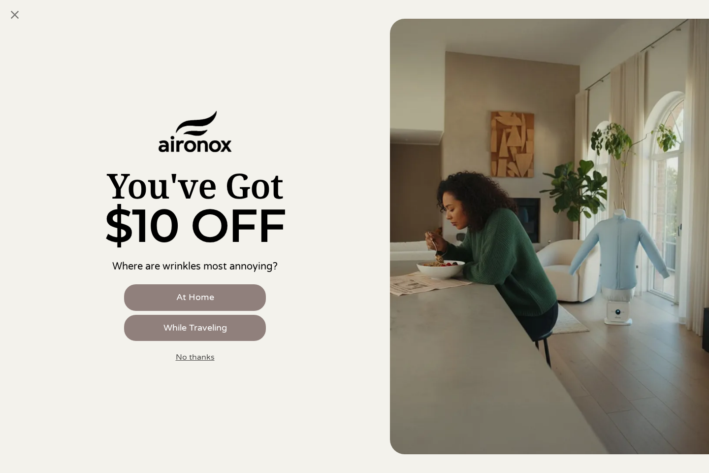 Aironox automatic ironing machine sales page showing the appliance and discount offer