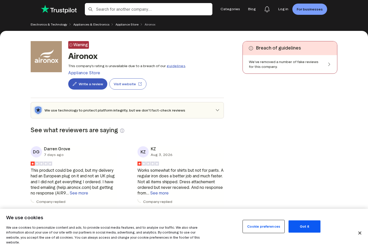 Trustpilot warning showing removed fake reviews and Aironox customer complaints