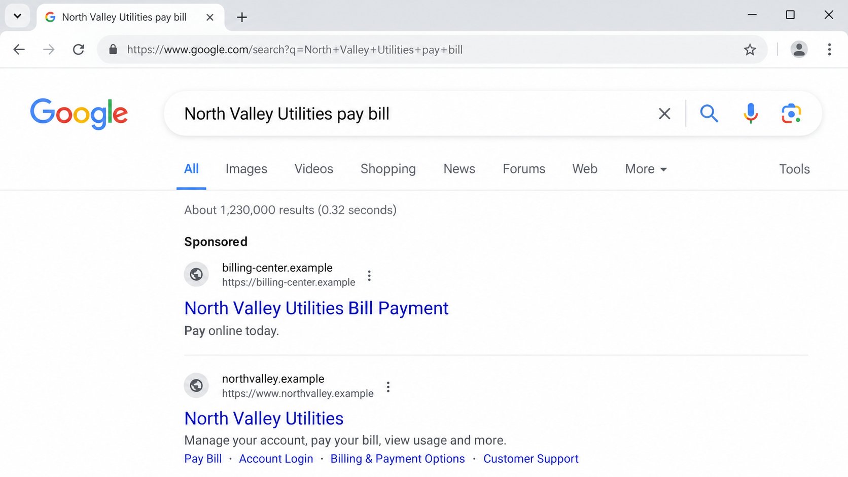 Fake Bill Pay Search Ads Exposed: Hidden Fees and Payment Delays Explained 1 Illustrative reconstruction of a paid bill pay search ad appearing above a biller's own website