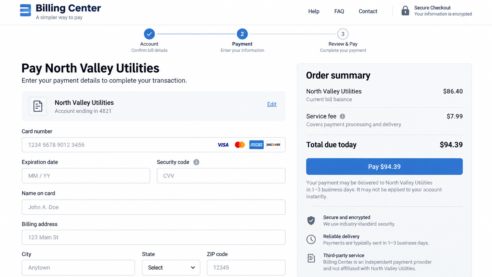 Fake Bill Pay Search Ads Exposed: Hidden Fees and Payment Delays Explained 2 Illustrative reconstruction of a third-party bill payment checkout with a service fee and delayed delivery notice