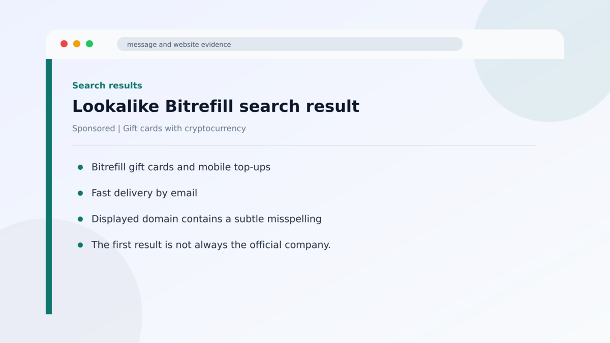 Fake Bitrefill Checkouts Steal Cryptocurrency Payments 1 Lookalike Bitrefill search result used in the Fake Bitrefill Checkouts Steal Cryptocurrency Payments investigation