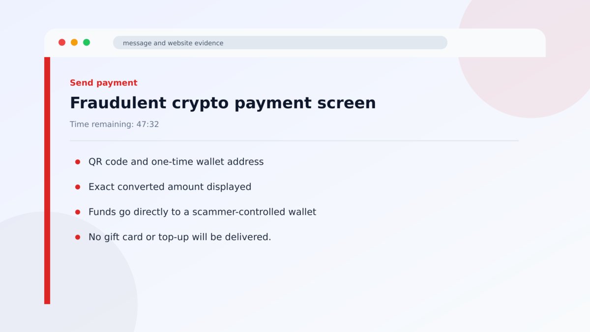 Fake Bitrefill Checkouts Steal Cryptocurrency Payments 3 Fraudulent crypto payment screen used in the Fake Bitrefill Checkouts Steal Cryptocurrency Payments investigation