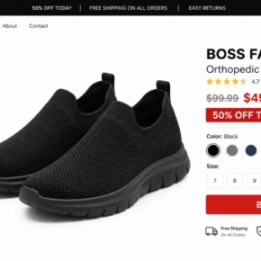 BOSS Fashion Orthopedic Sneakers discount shopping page with generic black slip-on shoes