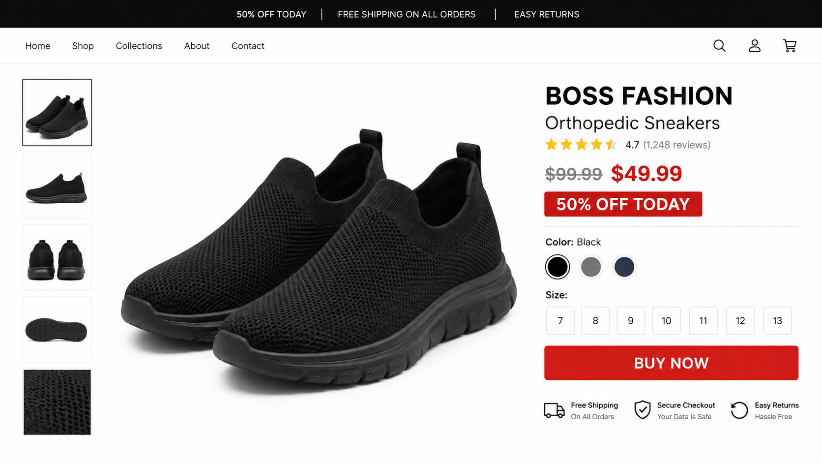BOSS Fashion Orthopedic Sneakers discount shopping page with generic black slip-on shoes