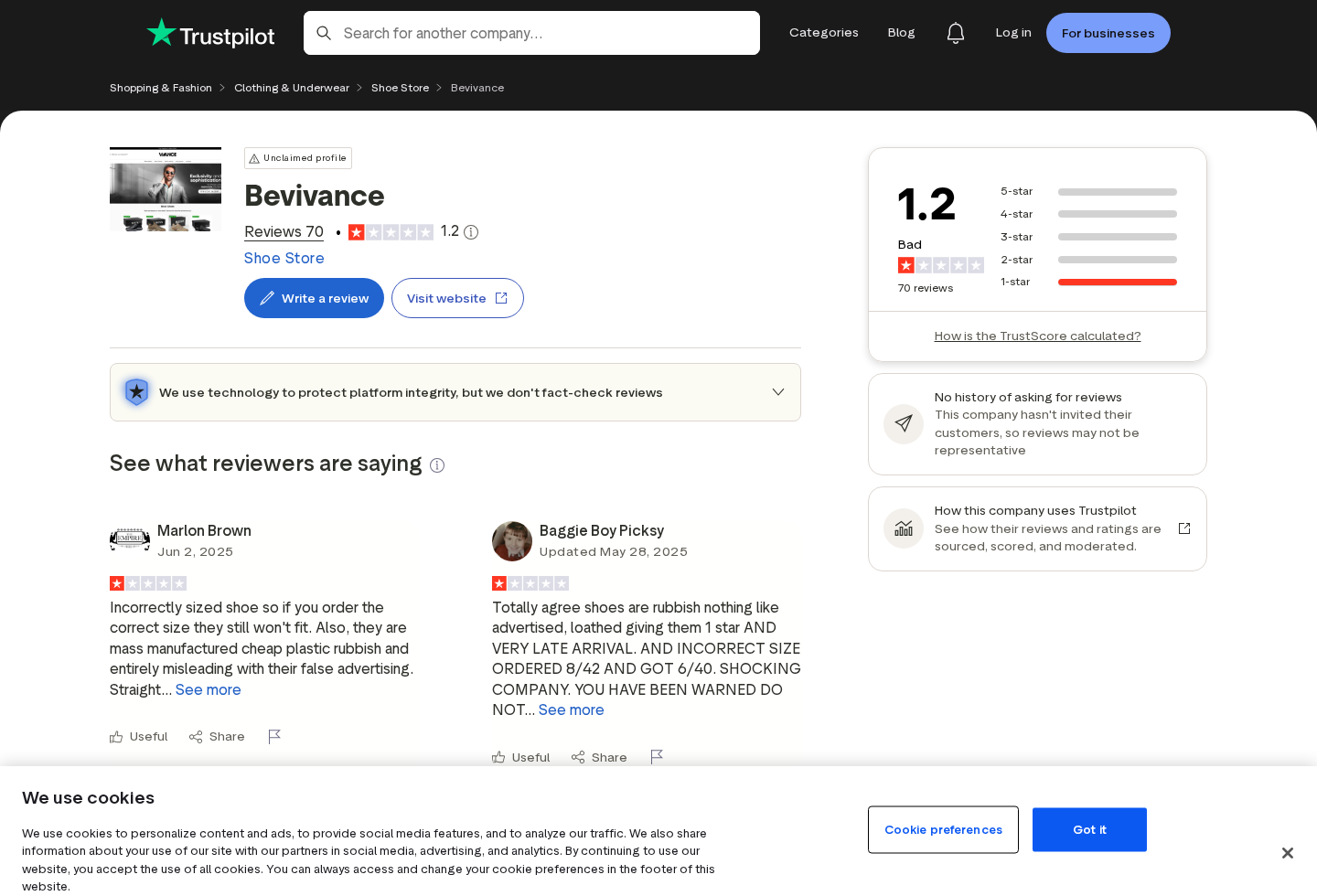 Trustpilot profile showing Bevivance customer rating and complaints about footwear
